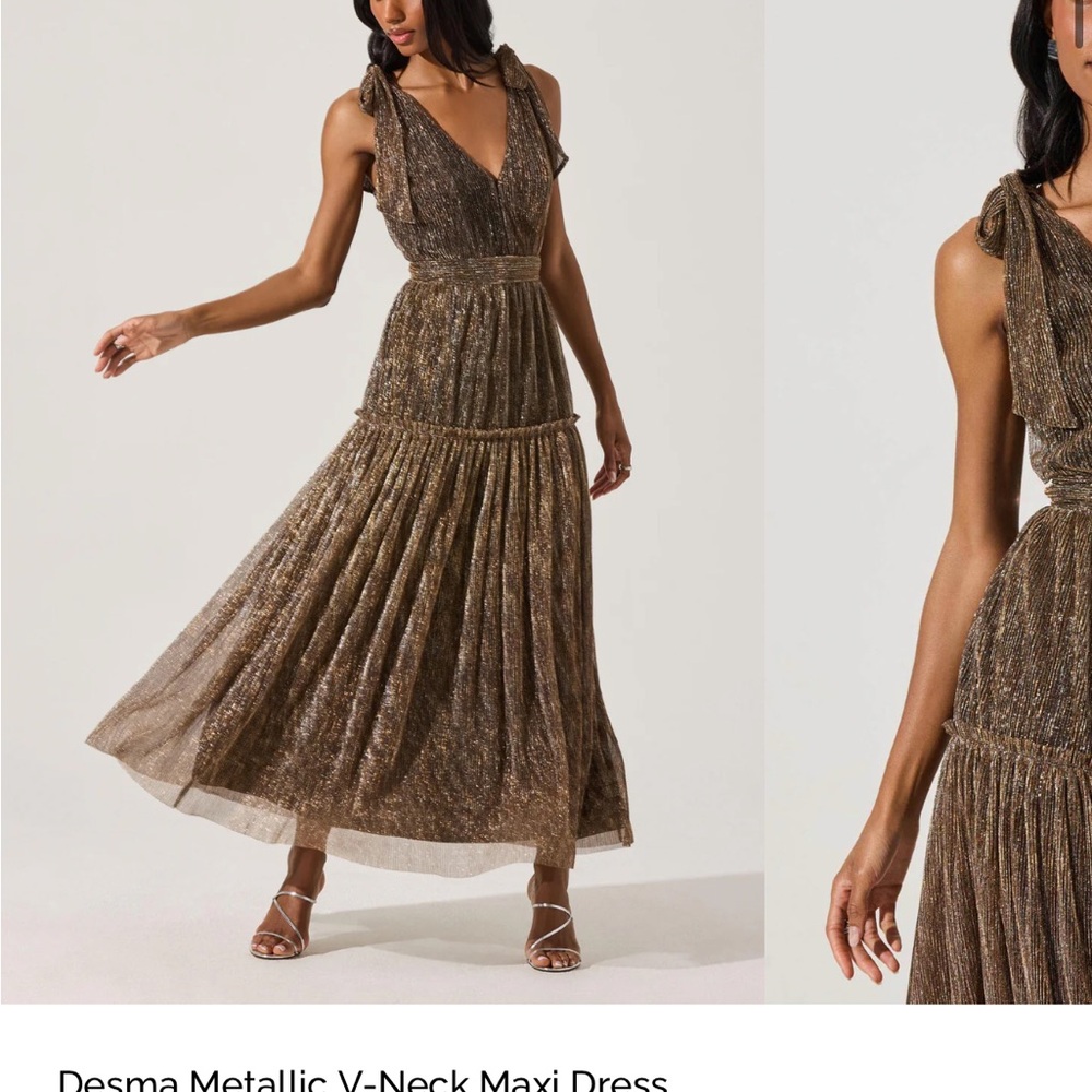 NWT ASTR  Desma Dress Metallic Bronze V-Neck Maxi Dress Size L - Picture 6 of 12